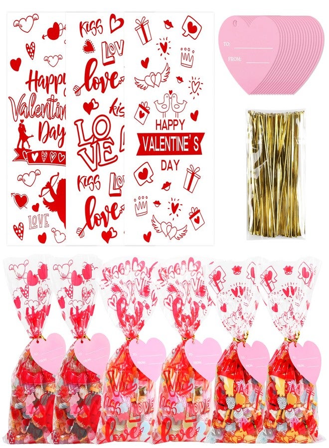LOKIPA 150 PCS Valentines Cellophane Treat Bags with 50PCS Gift Tags Pink Heart Valentines Gift Goodie Candy Bags with 180 Pieces Twist Ties for Valentines Party Favor Supplies - Image 1